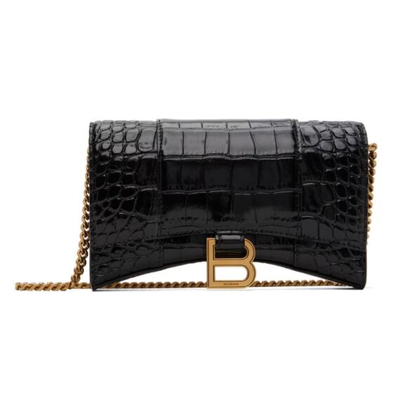 NEW BALENCIAGA HOURGLASS BLACK CROC LEATHER CHAIN WALLET BAG PURSE AUTHENTIC - Picture 1 of 16